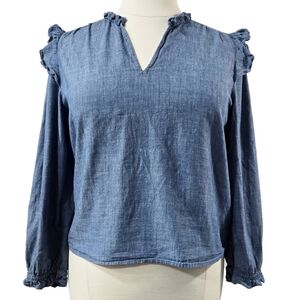 J. Crew 100% Cotton Chambray Ruffle Trim Split Neck Peasant Top Boho BK427